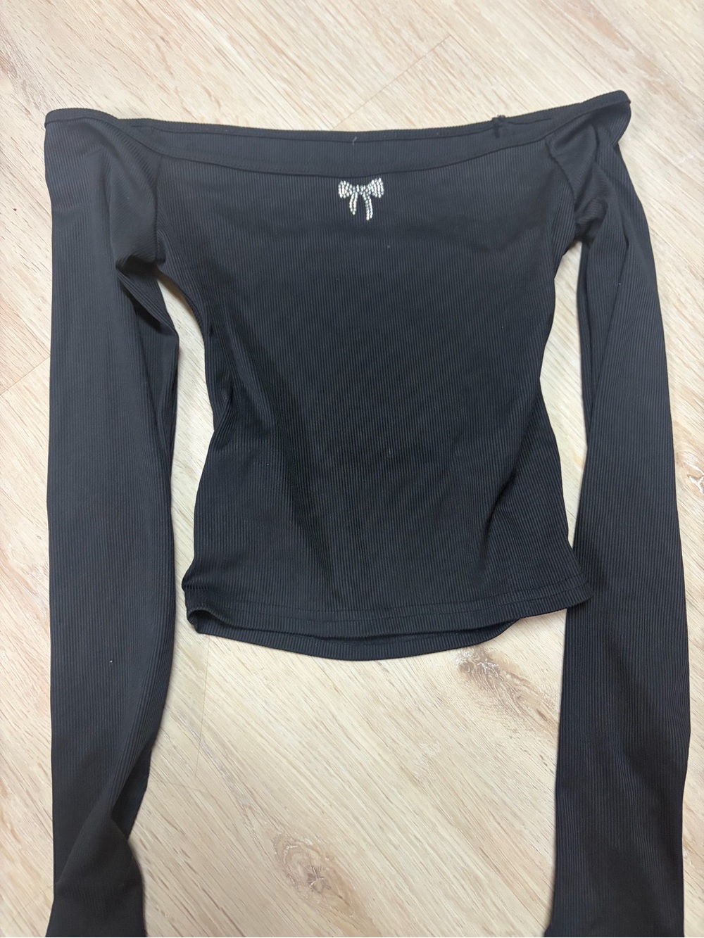 Black Off-Shoulder Long Sleeve Ribbed Top with Rhinestone Bow